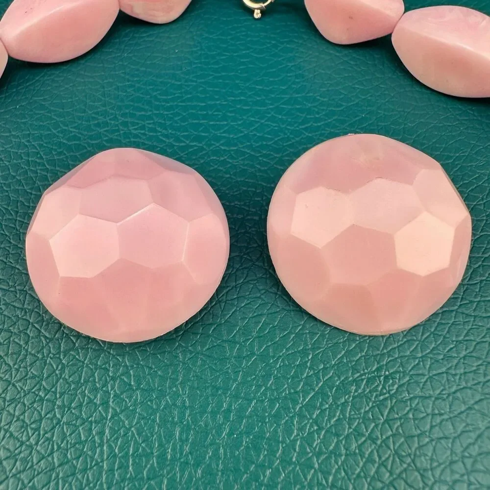 Vintage Necklace Earrings Set Pink Silver Tone Acrylic Chunky Bauble Bead Retro